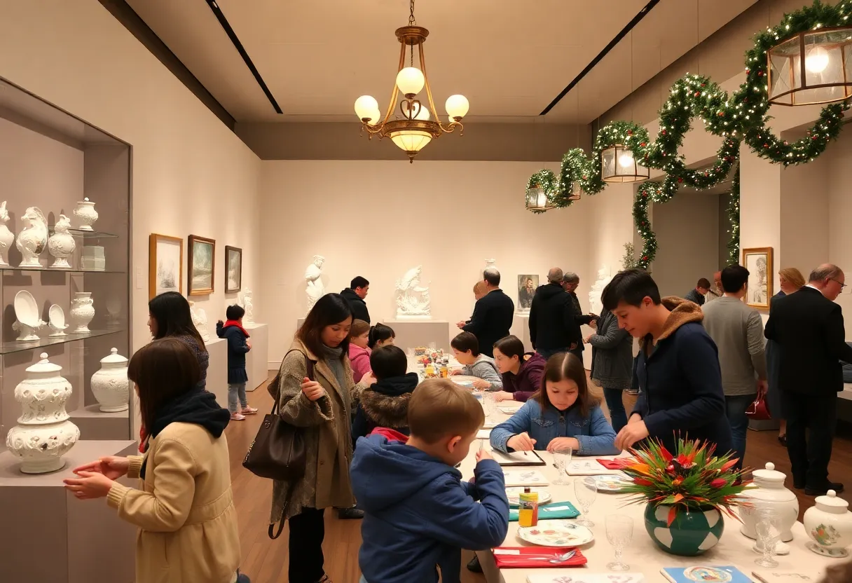Families enjoying holiday activities at Porcelain Art Museum
