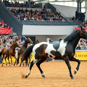 A three-year-old horse performing in the NRHA Futurity competition