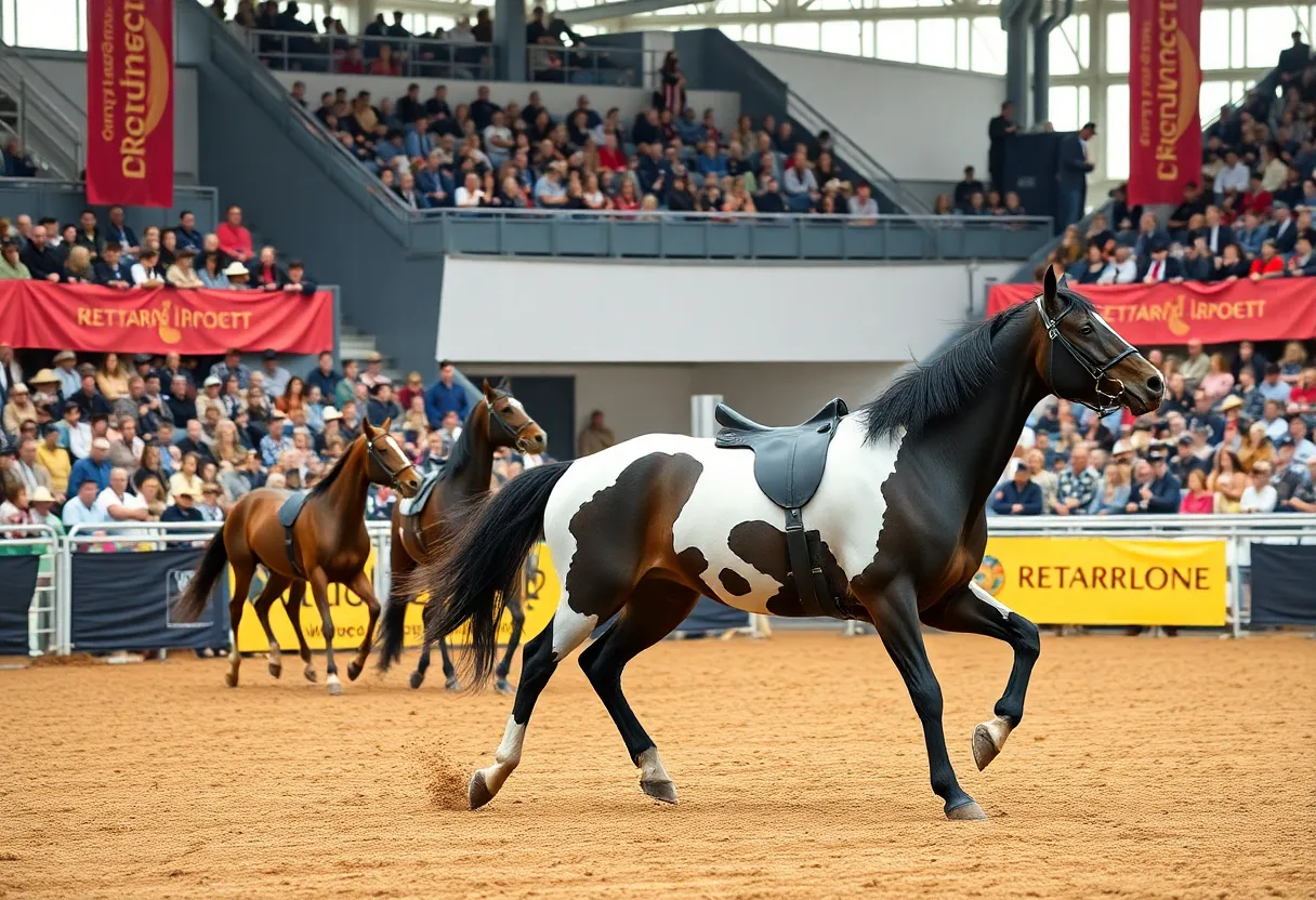 A three-year-old horse performing in the NRHA Futurity competition