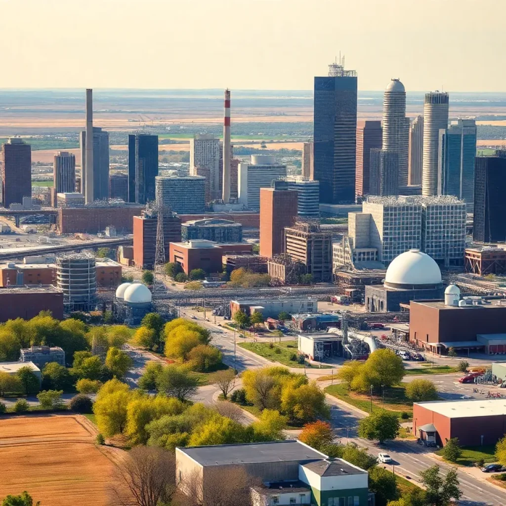 Vibrant cityscape of Oklahoma City with representations of manufacturing, energy, and agriculture.