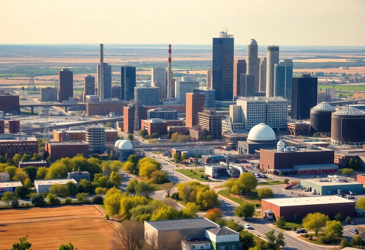 Vibrant cityscape of Oklahoma City with representations of manufacturing, energy, and agriculture.