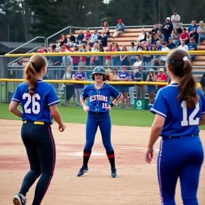 High school softball players in action during a competitive game