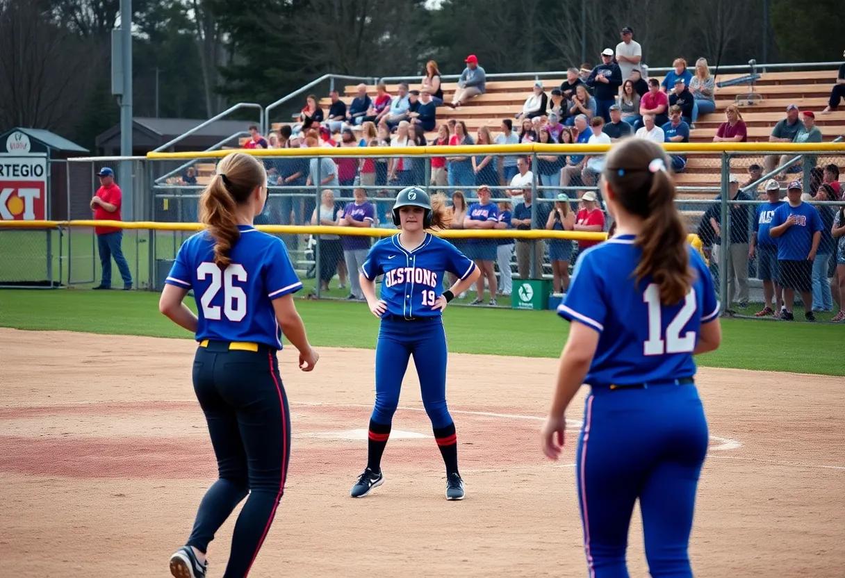 High school softball players in action during a competitive game