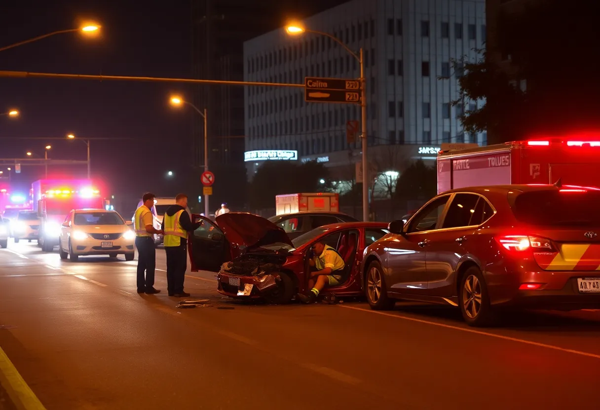 First responders attending to a traffic collision scene at night.