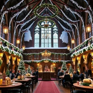 A magical Yule Ball setting resembling Hogwarts with festive decorations.