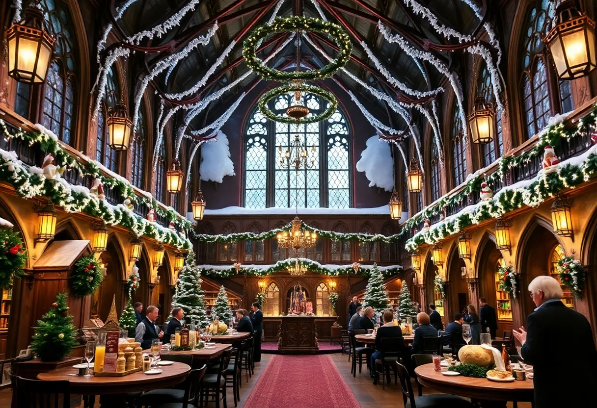 A magical Yule Ball setting resembling Hogwarts with festive decorations.