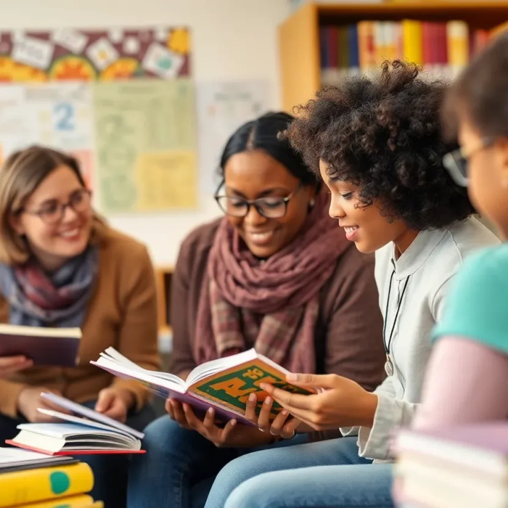 Educators working together in a classroom to improve literacy and student engagement in Oklahoma.