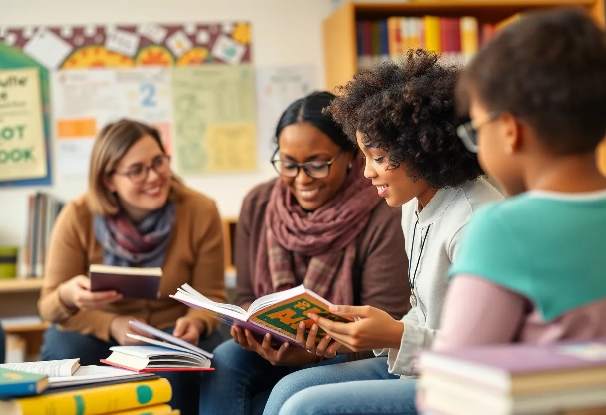 Educators working together in a classroom to improve literacy and student engagement in Oklahoma.