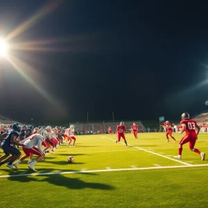 High school football players in action during a playoff game.