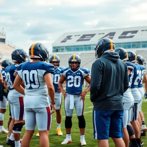 Oklahoma football team huddle during practice