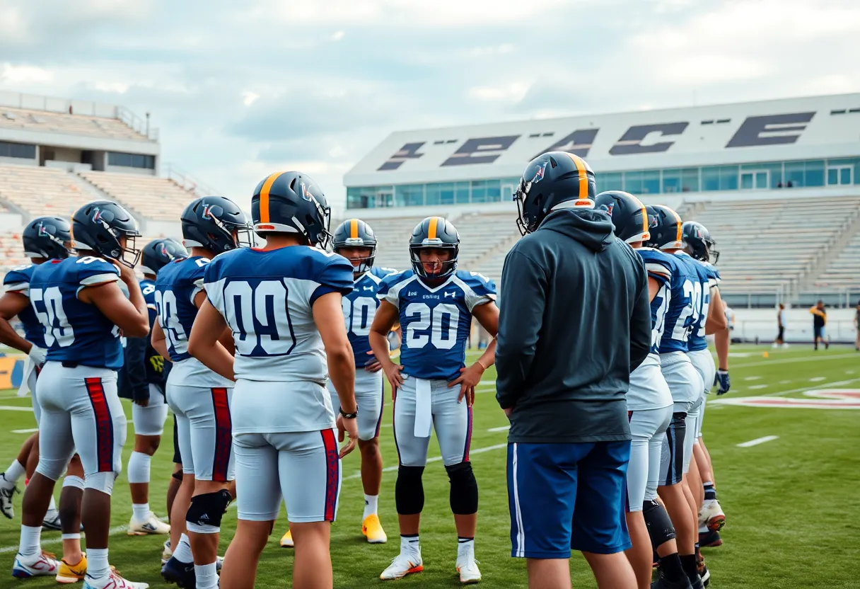Oklahoma football team huddle during practice