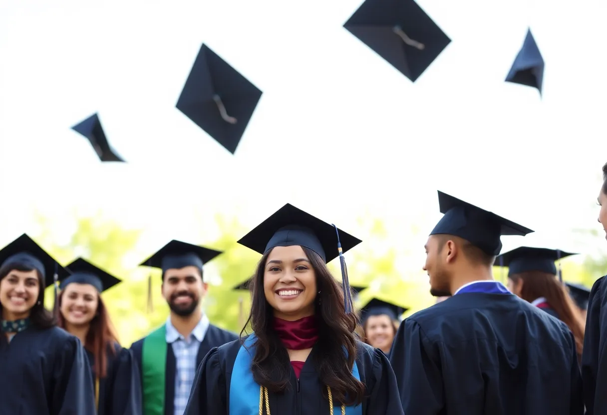 Diverse group of graduating students celebrating their achievement outdoors.