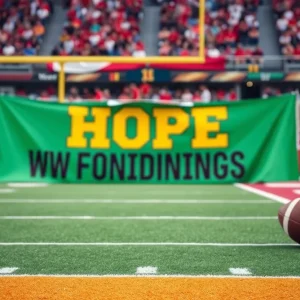 Supporters cheering for the Oklahoma State football team with a banner in the background.