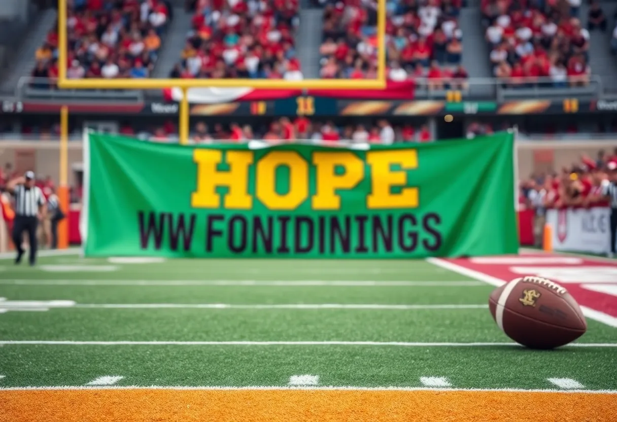 Supporters cheering for the Oklahoma State football team with a banner in the background.