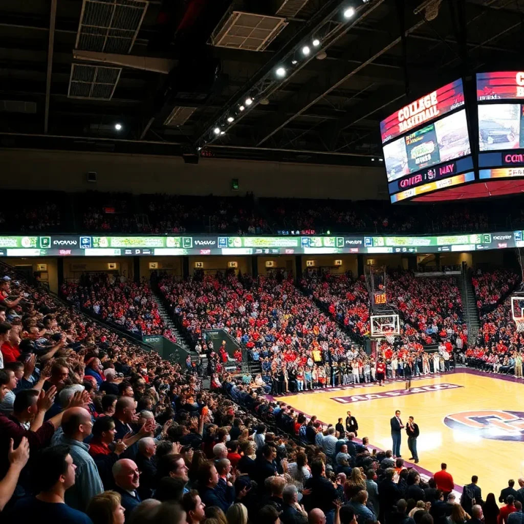 Oklahoma Sooners and Marquette Golden Eagles basketball teams playing in a packed arena.