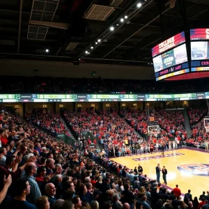Oklahoma Sooners and Marquette Golden Eagles basketball teams playing in a packed arena.