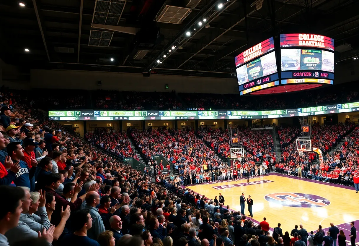 Oklahoma Sooners and Marquette Golden Eagles basketball teams playing in a packed arena.