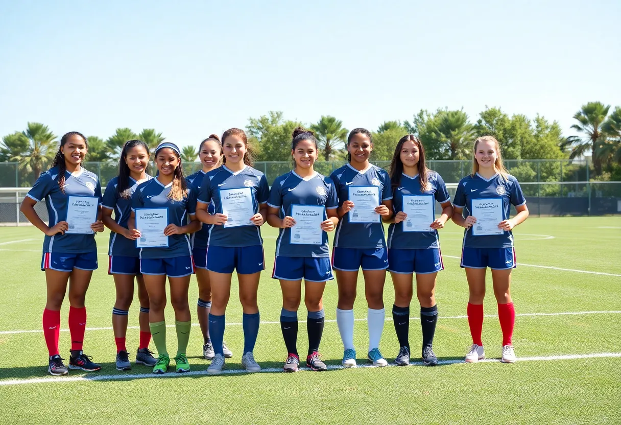 University of Oklahoma women's soccer team celebrating academic recognition
