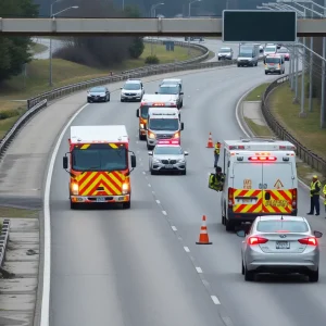 Emergency services responding to a traffic accident on Interstate 35.