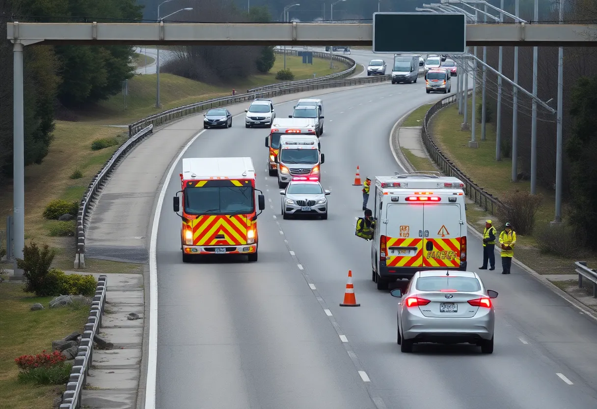 Emergency services responding to a traffic accident on Interstate 35.