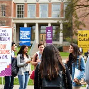 Students engaged in a discussion on academic freedom and diversity at a university campus.