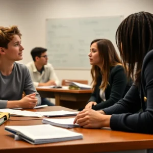 Students discussing academic freedom and gender identity in a classroom