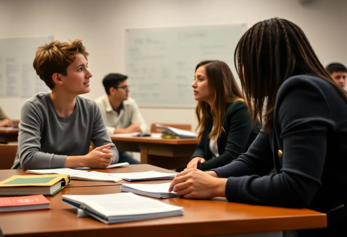 Students discussing academic freedom and gender identity in a classroom