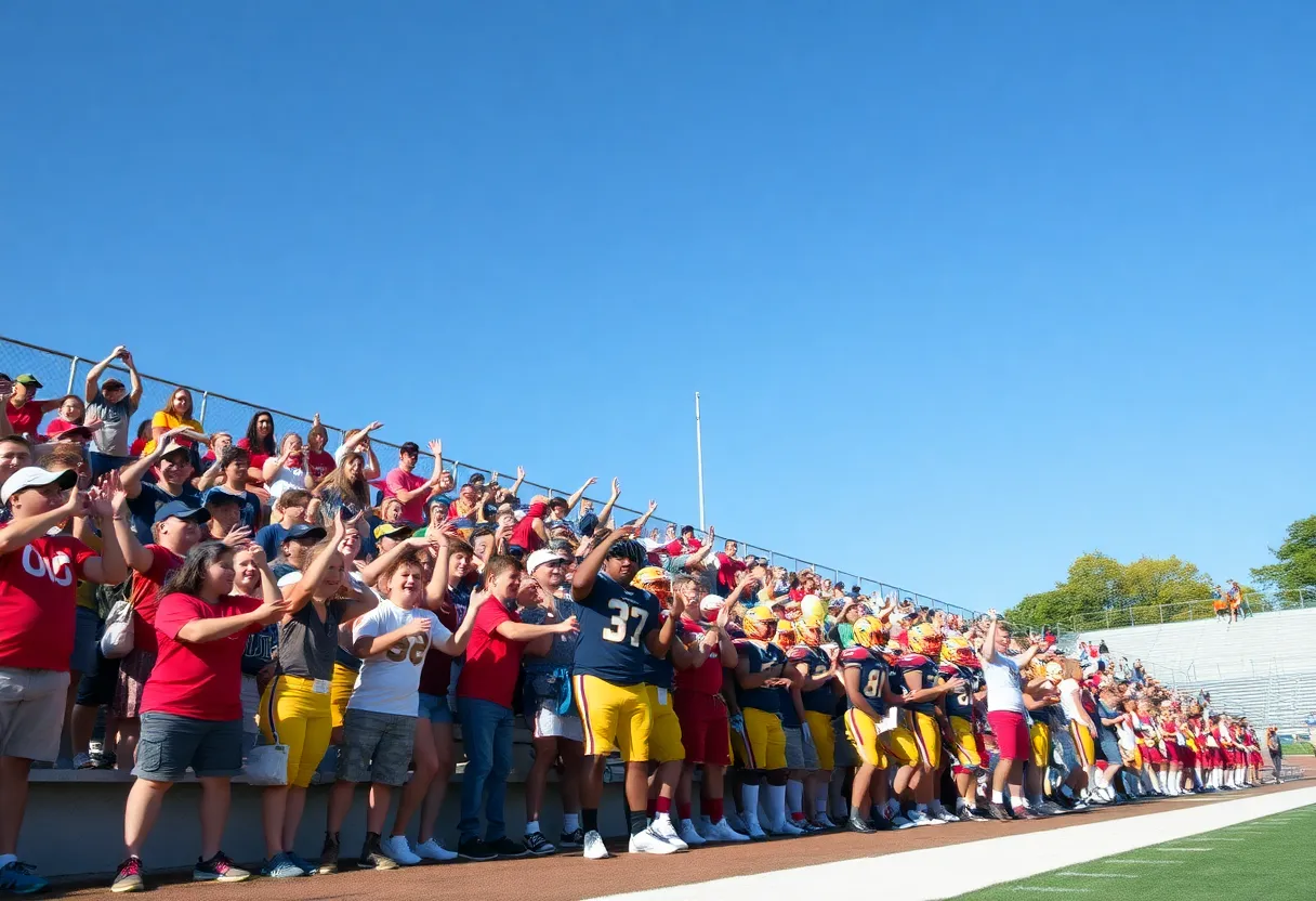 High school football players celebrating during a championship game