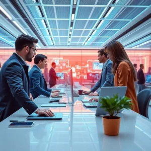 A diverse team in a modern office using AI technology for business operations