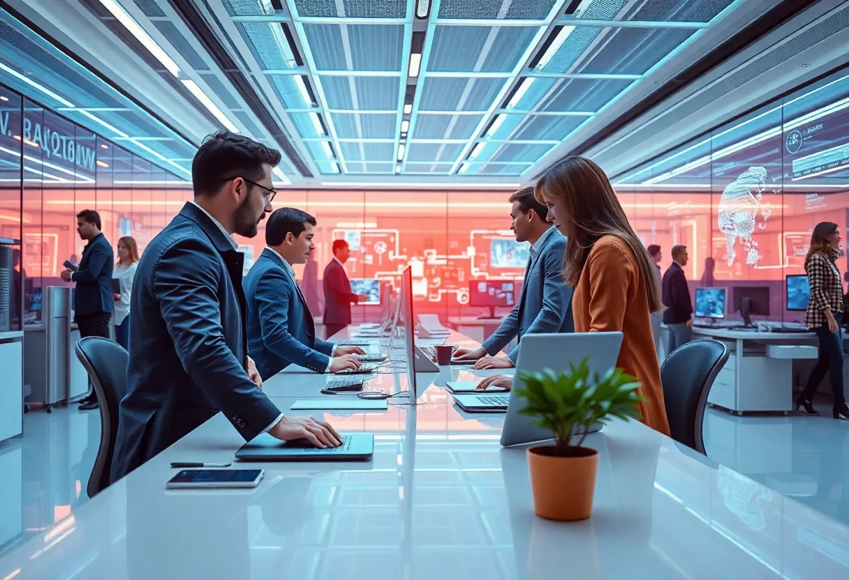 A diverse team in a modern office using AI technology for business operations