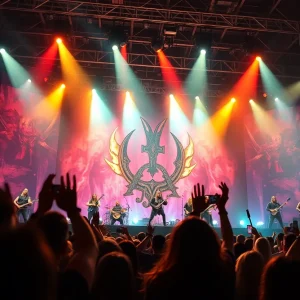 Concert scene of The Amonklok Conquest featuring Viking themes and animated visuals