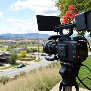Scenic view of Ardmore, Oklahoma with film production elements.
