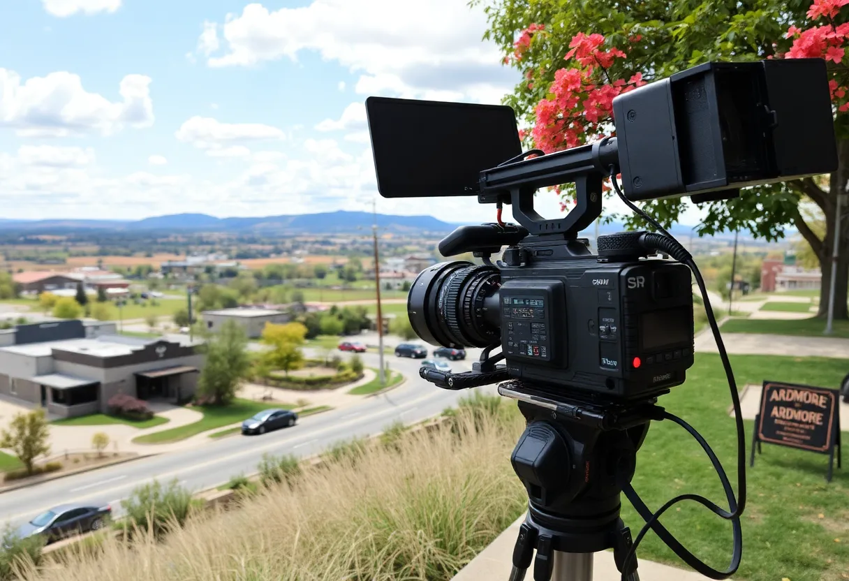 Scenic view of Ardmore, Oklahoma with film production elements.