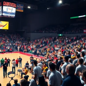 A packed arena during a college basketball game with fans cheering.