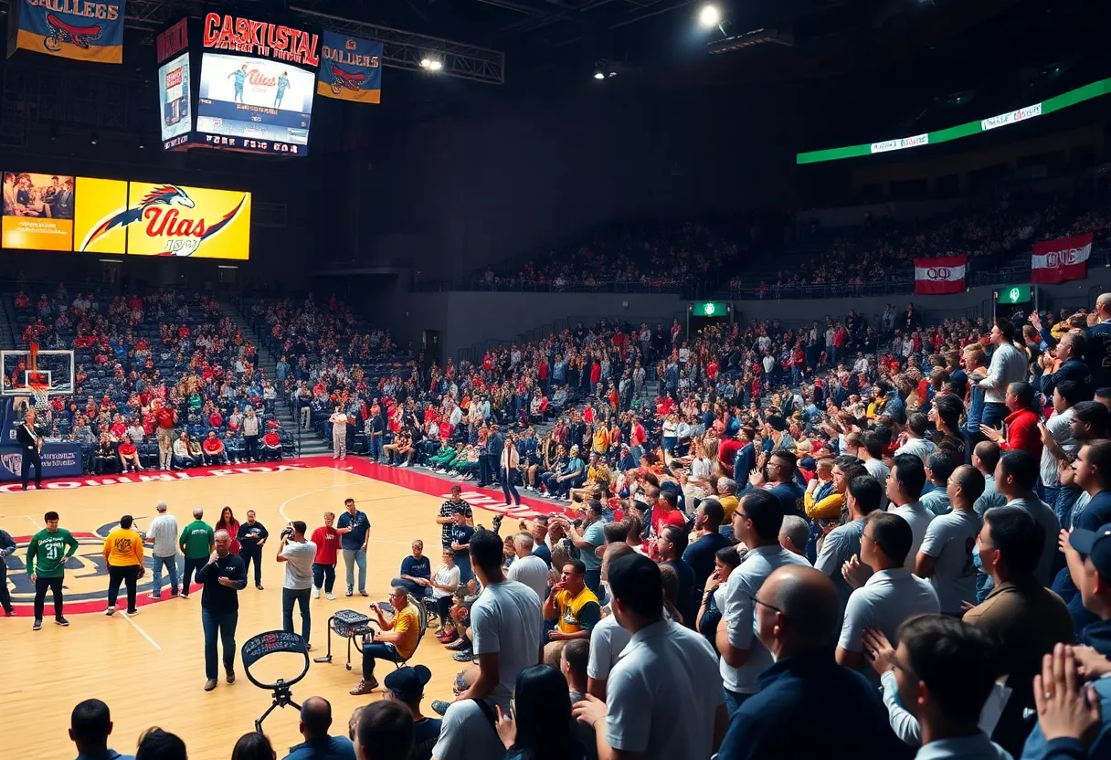 A packed arena during a college basketball game with fans cheering.