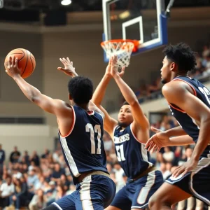 Basketball players competing in a vibrant college rivalry match at a packed stadium.