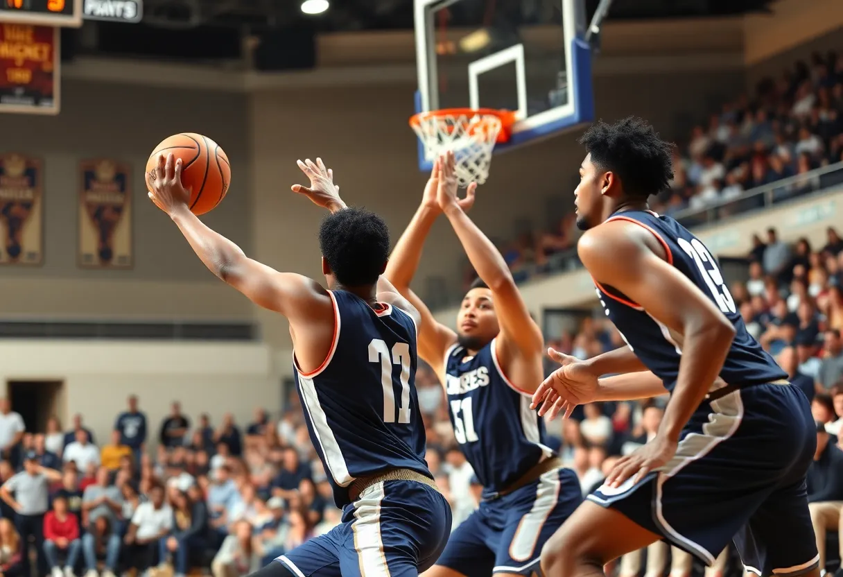 Basketball players competing in a vibrant college rivalry match at a packed stadium.