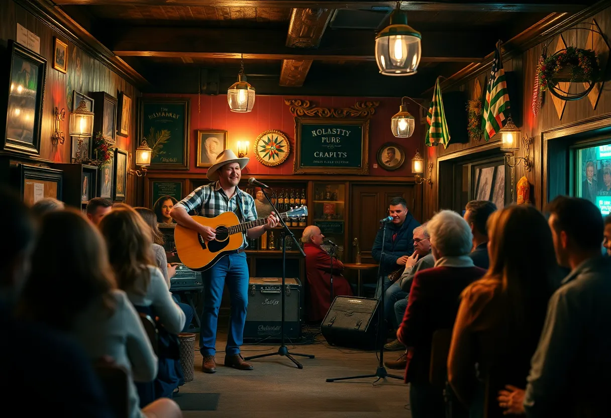 Country musician Brandon Jackson performing at Mc Finns Pub in a vibrant setting.