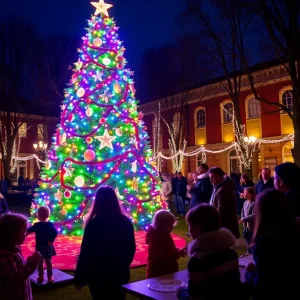 Cameron University Tree Lighting Ceremony with families and holiday decorations