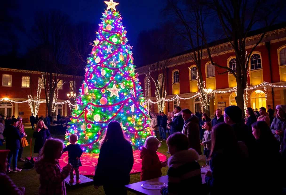 Cameron University Tree Lighting Ceremony with families and holiday decorations