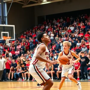 High school basketball players competing with a cheering crowd in Cheney.