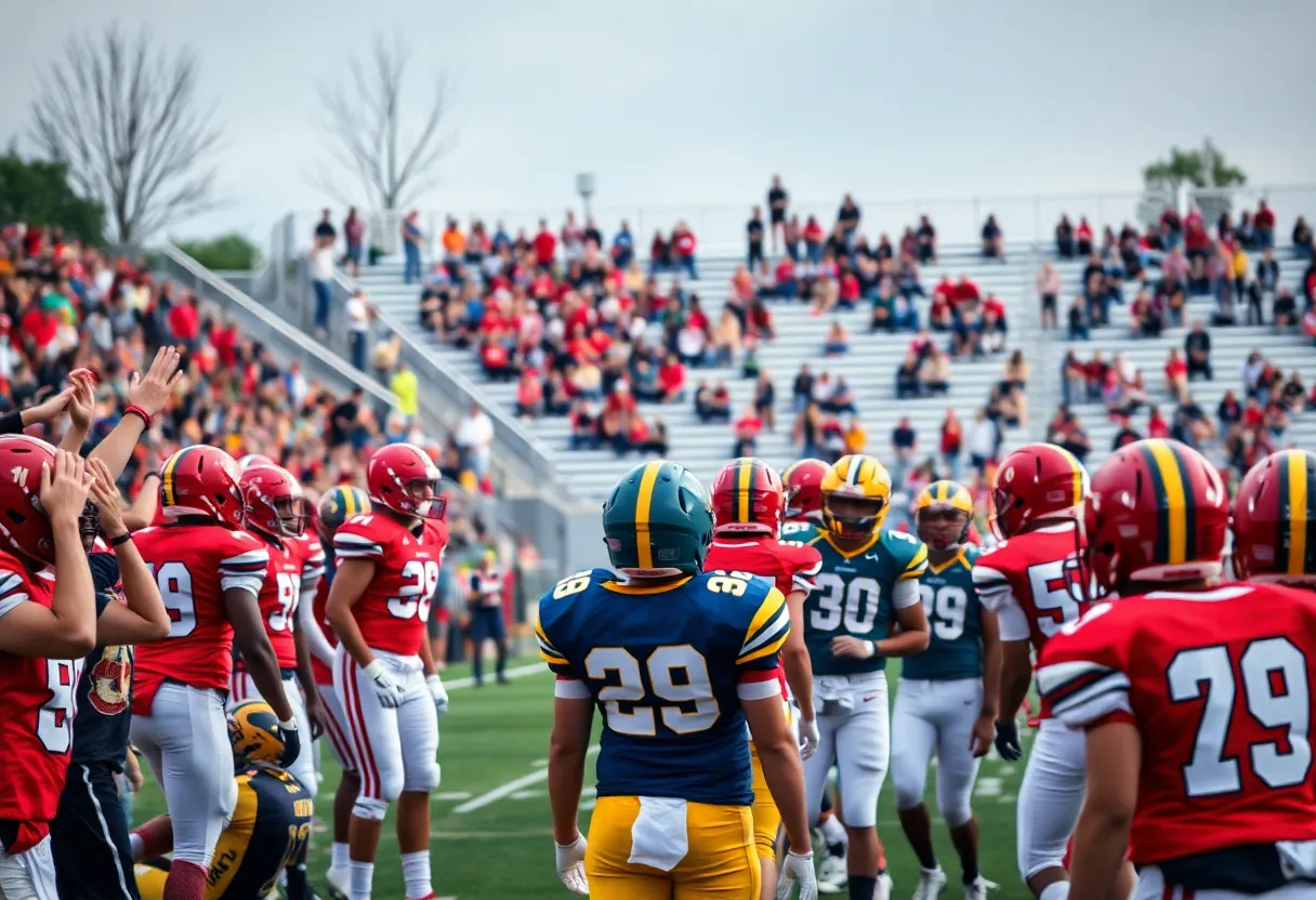 High school football players from Choctaw and Sand Springs in action during the championship game.