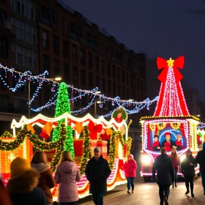 People enjoying holiday parades in the Cimarron Valley with floats and decorations.