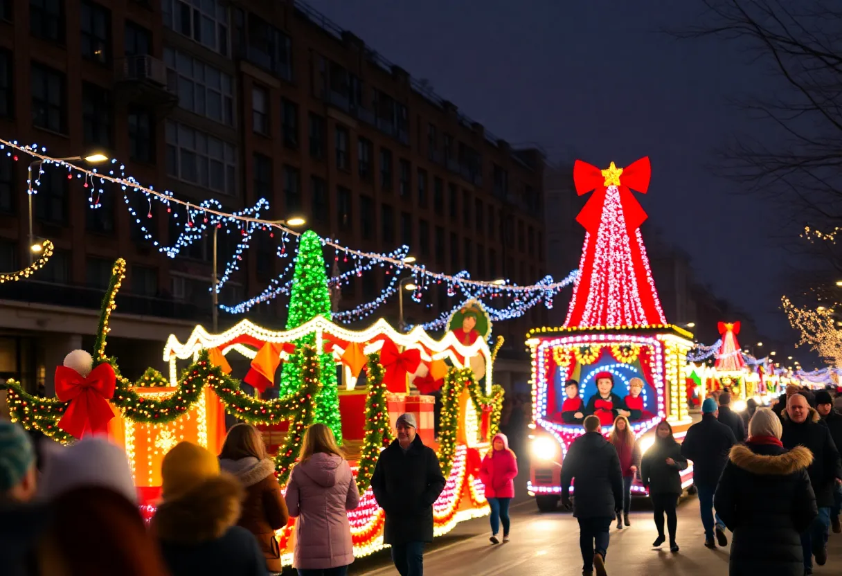 People enjoying holiday parades in the Cimarron Valley with floats and decorations.