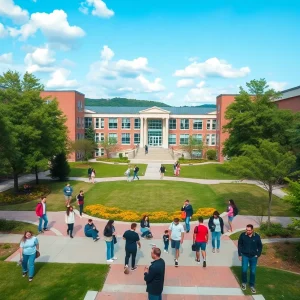 View of Connors State College campus with students and greenery