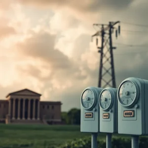 Conceptual representation of a courtroom with utility meters in foreground and storm clouds.