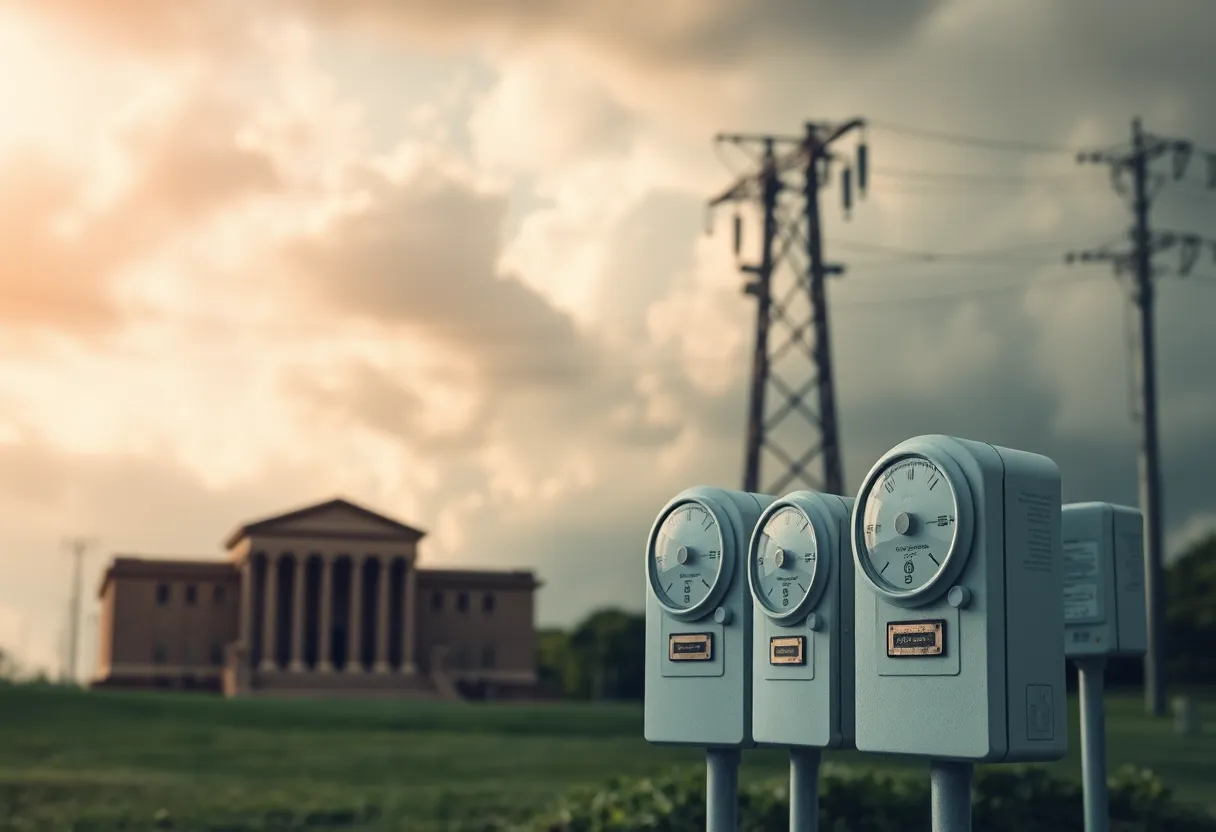 Conceptual representation of a courtroom with utility meters in foreground and storm clouds.