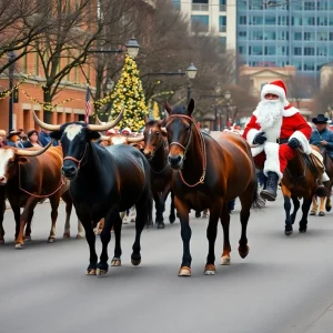 Cowboy Christmas Parade with longhorns and festive decorations