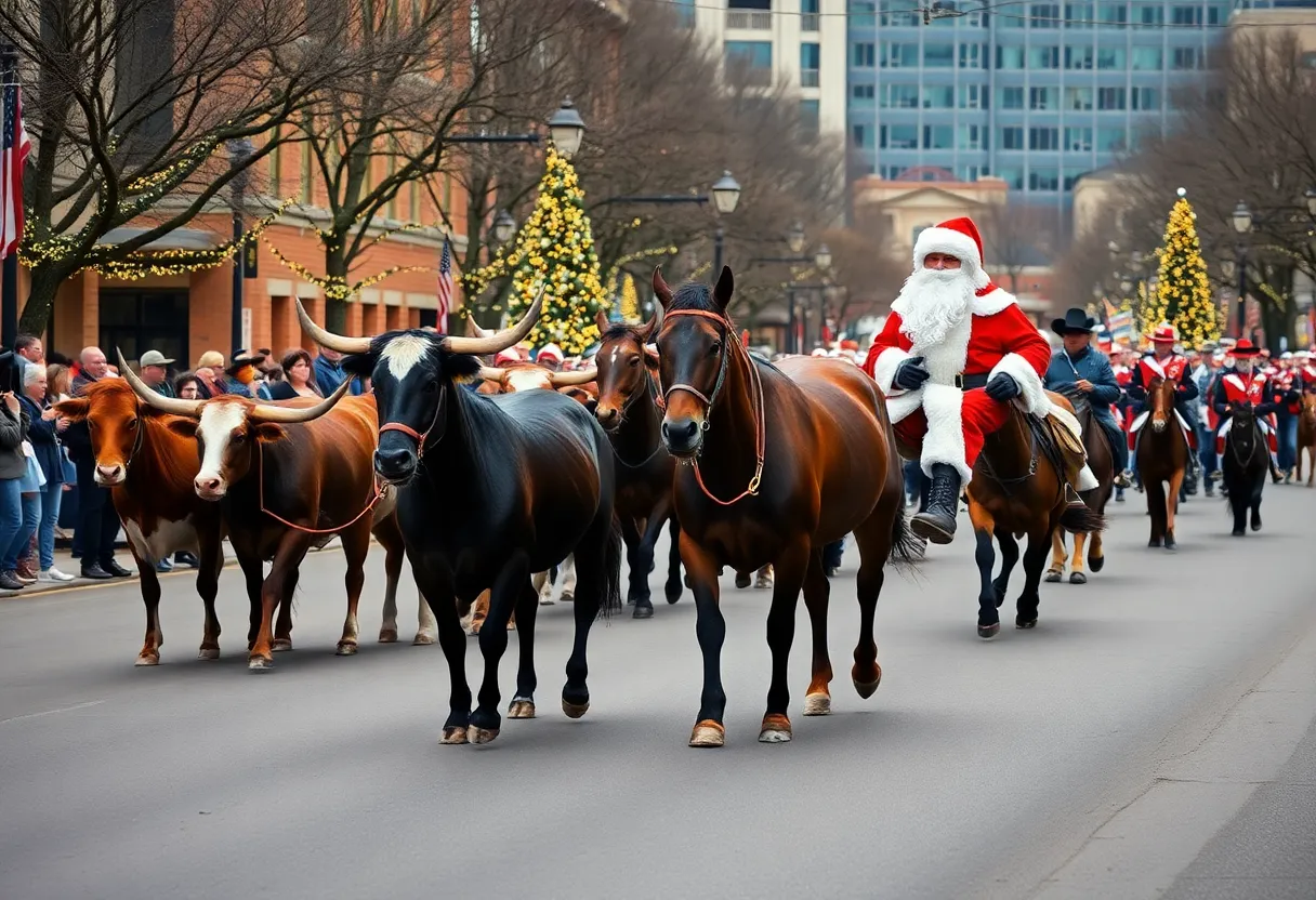 Cowboy Christmas Parade with longhorns and festive decorations