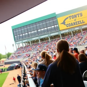 Fans cheering at Cowgirl Softball Stadium during a game